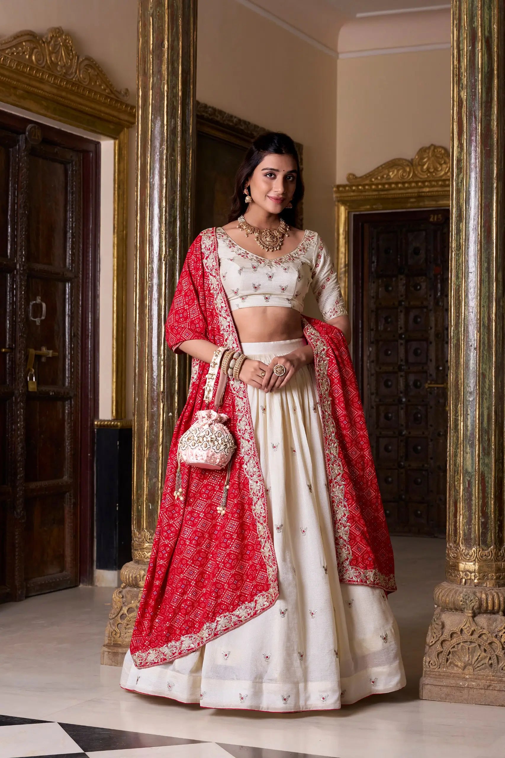 Vichitra Silk Embroidered Lehenga Set with Bandhej Dupatta