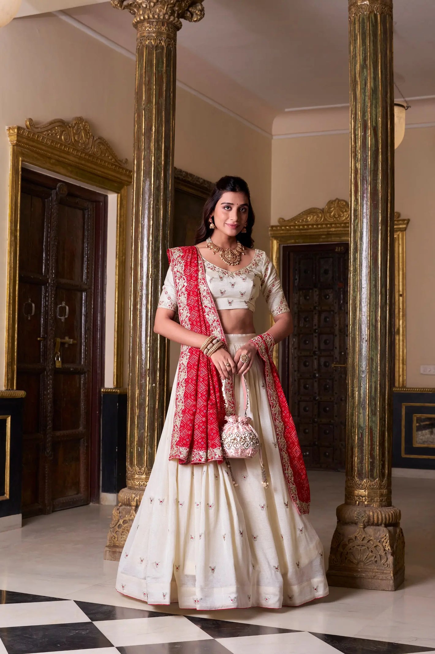 Vichitra Silk Embroidered Lehenga Set with Bandhej Dupatta