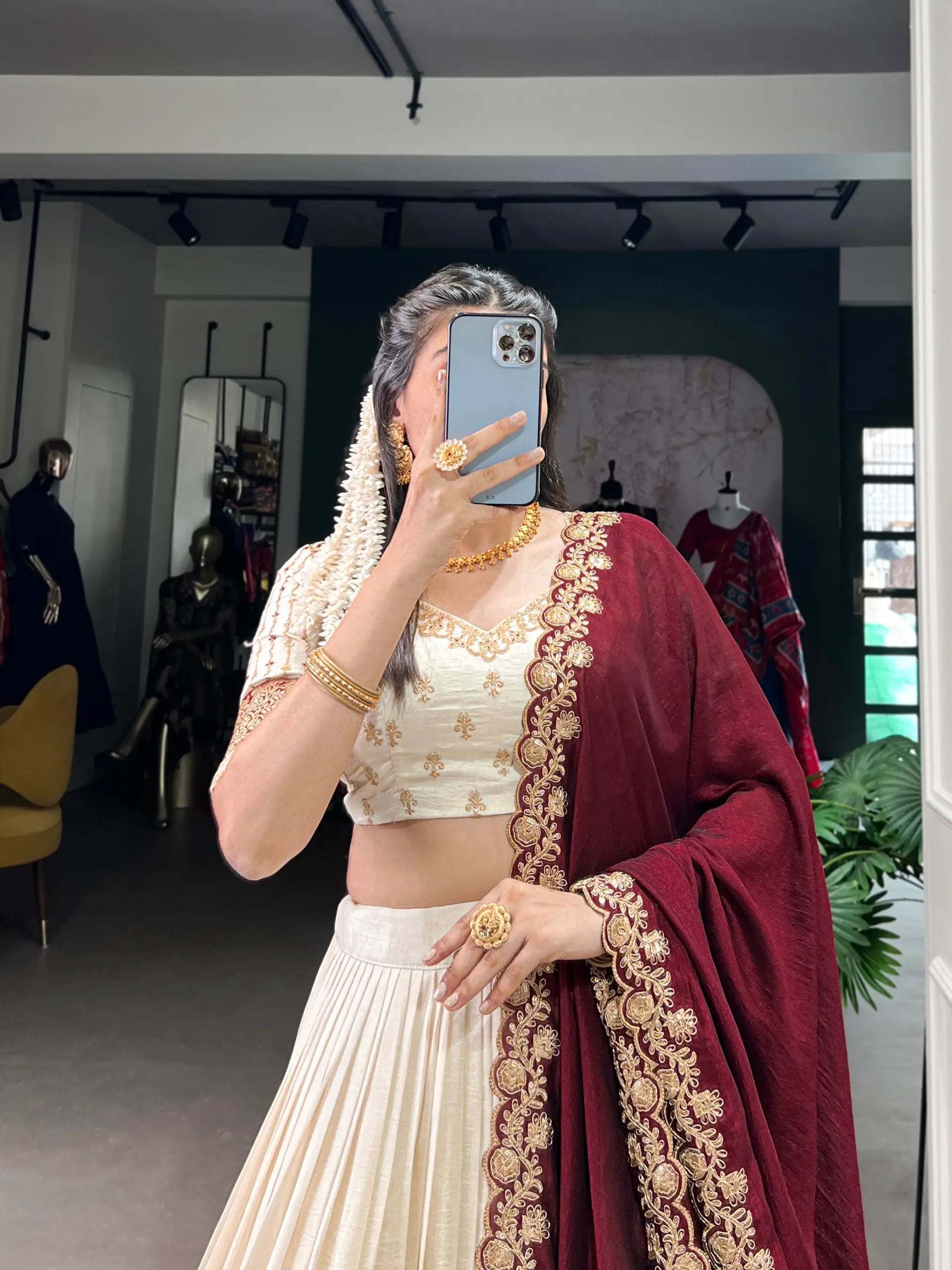 Vichitra Silk Embroidered Lehenga Set with Dupatta