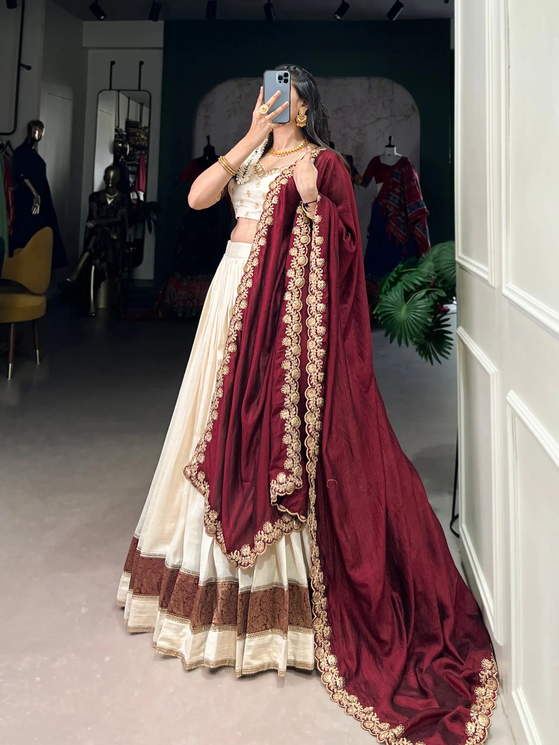 Vichitra Silk Embroidered Lehenga Set with Dupatta