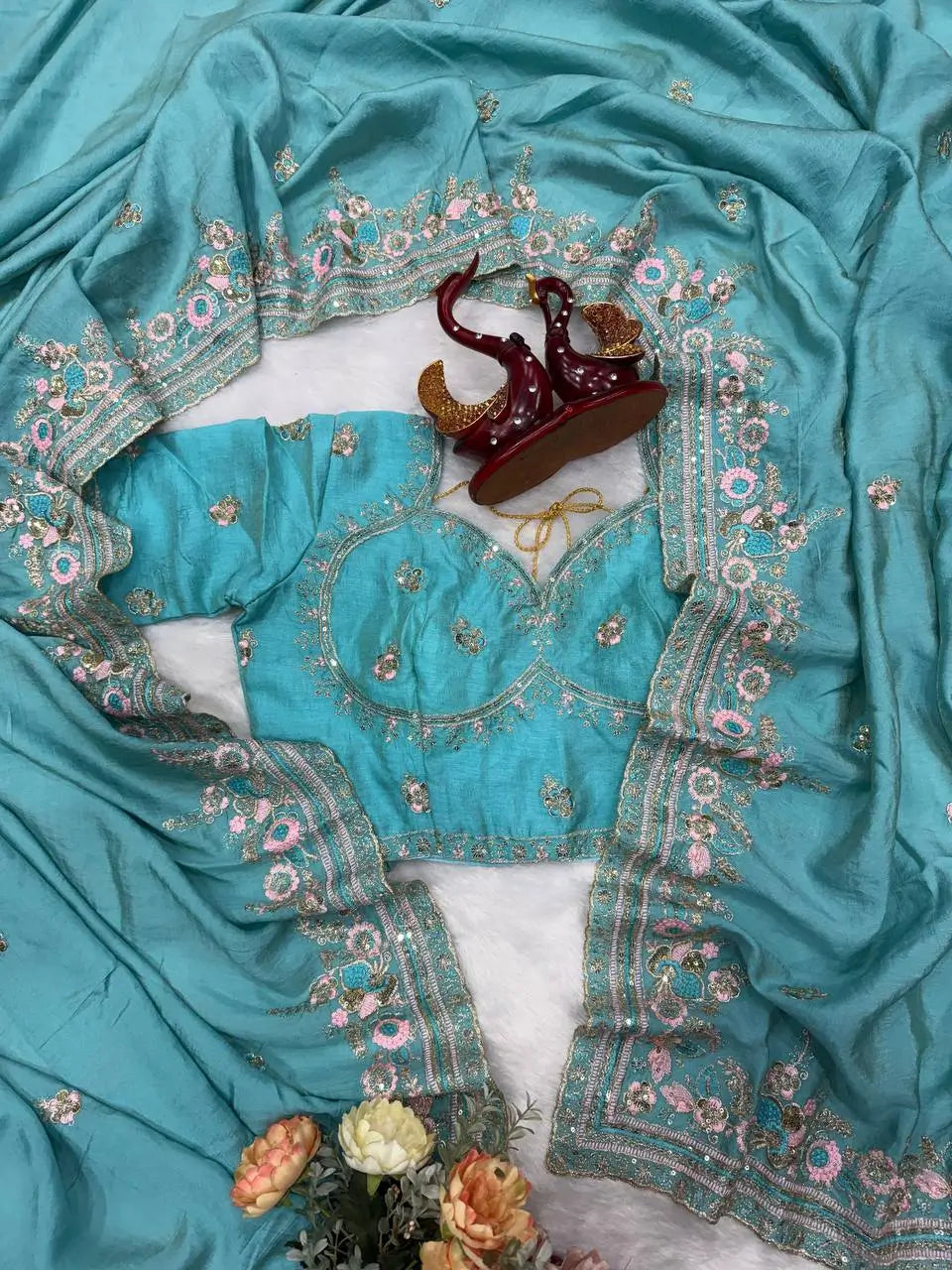 Vichitra Silk Embroidered Saree with Blouse