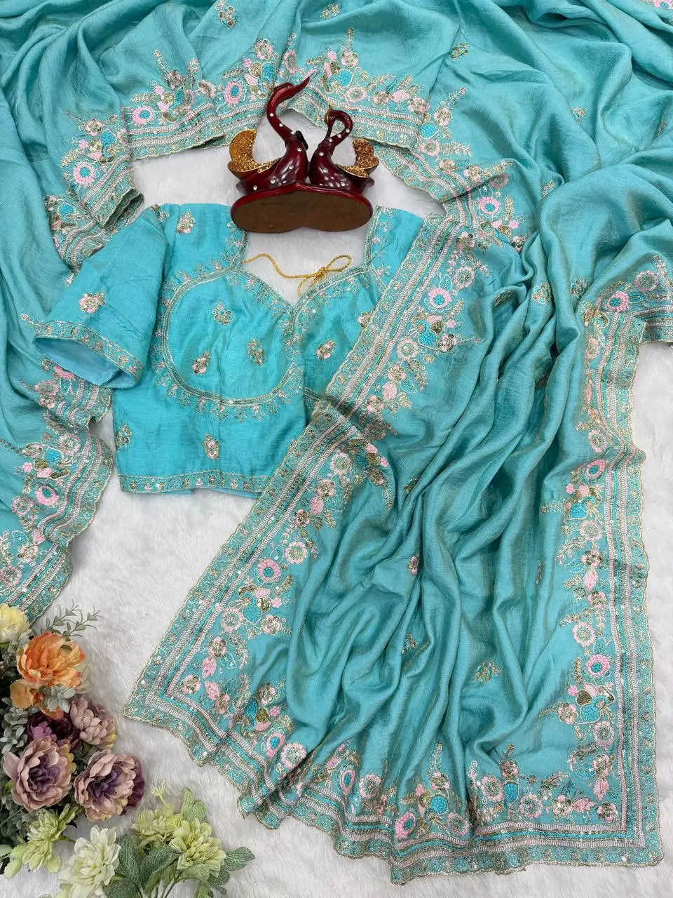 Vichitra Silk Embroidered Saree with Blouse
