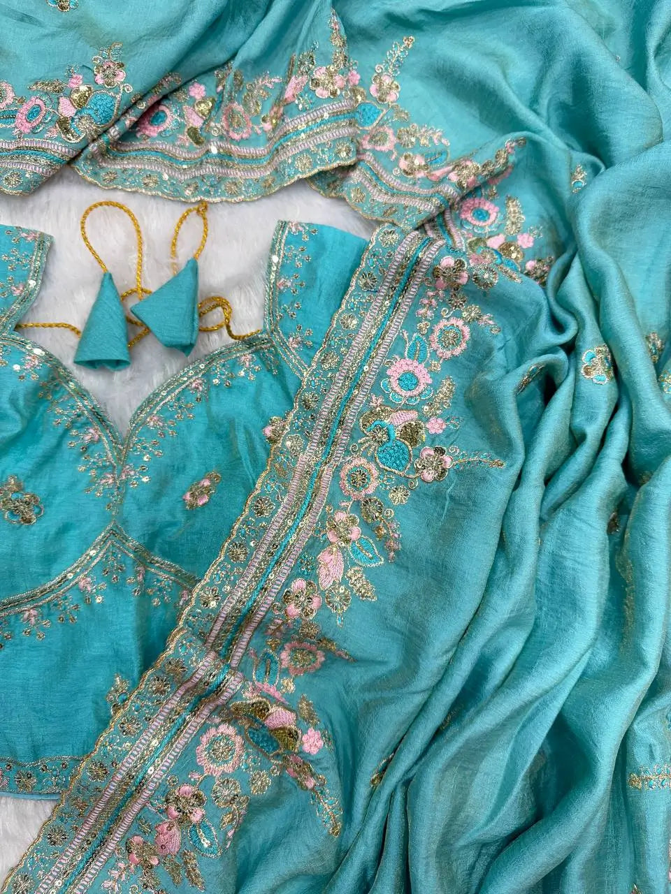 Vichitra Silk Embroidered Saree with Blouse