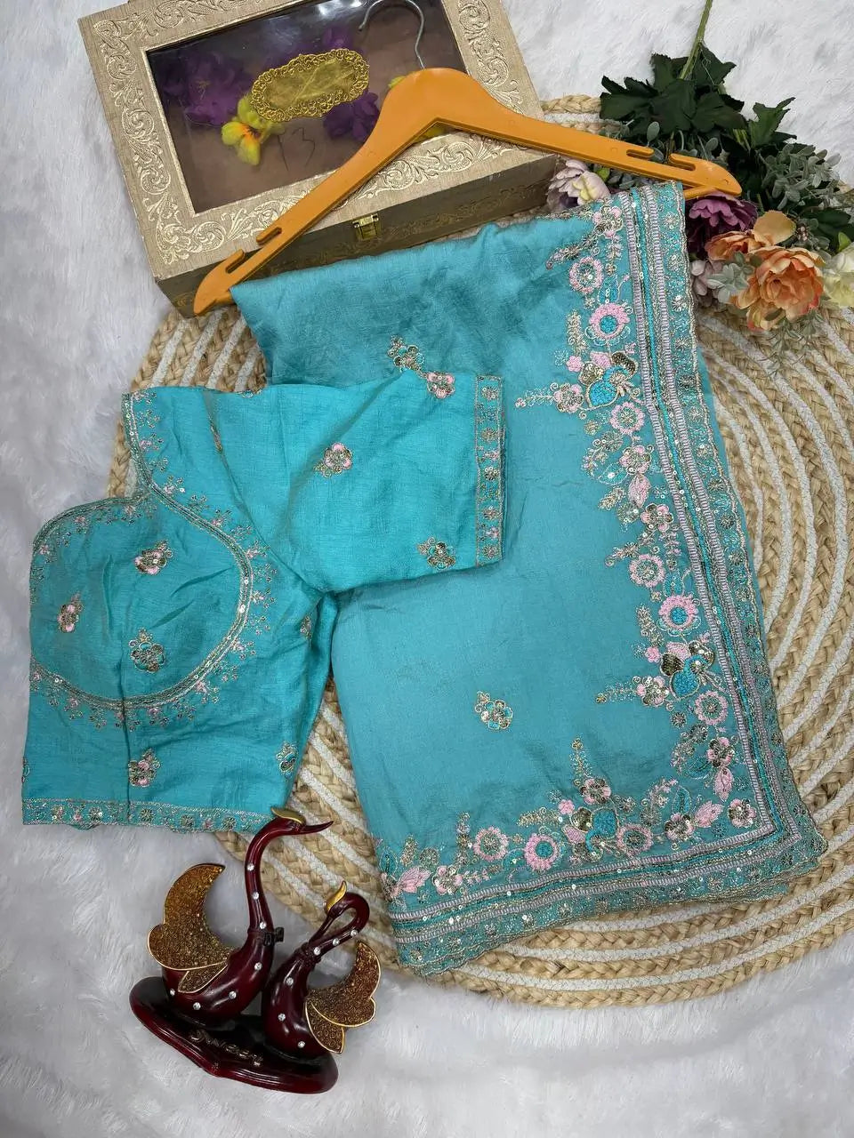 Vichitra Silk Embroidered Saree with Blouse