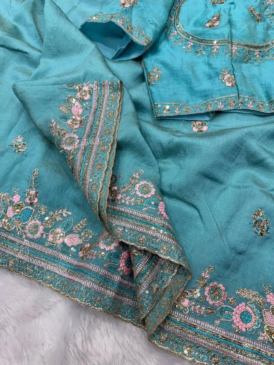 Vichitra Silk Embroidered Saree with Blouse