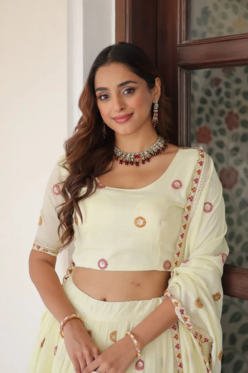 Vichitra Silk Multi Embroidered Lehenga Set for Wedding and Festive Wear