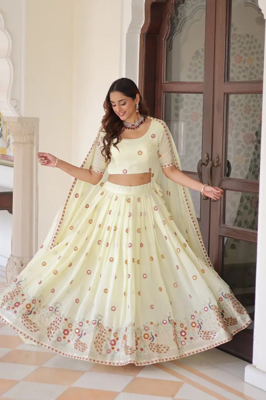 Vichitra Silk Multi Embroidered Lehenga Set for Wedding and Festive Wear