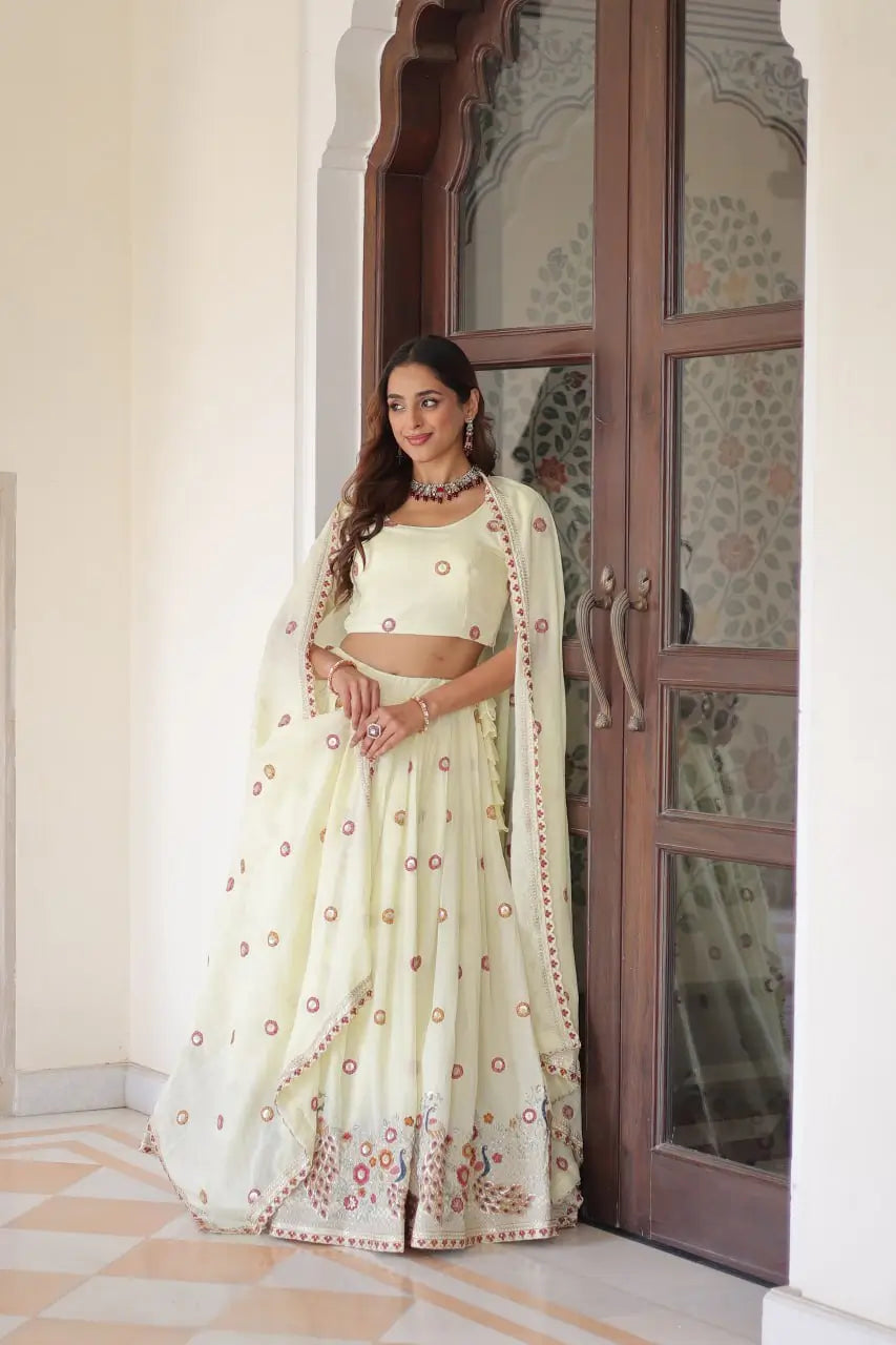 Vichitra Silk Multi Embroidered Lehenga Set for Wedding and Festive Wear