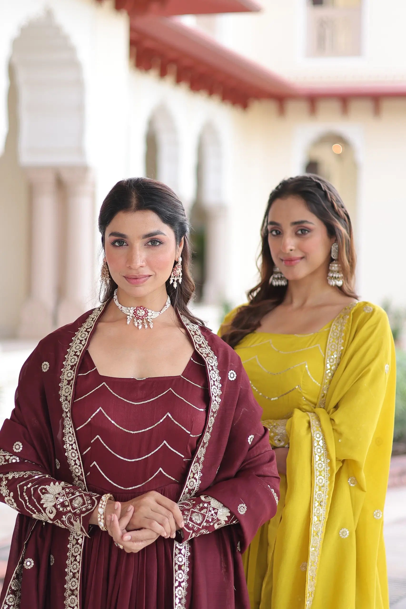 Vichitra Silk Sequined Embroidered Gown Set