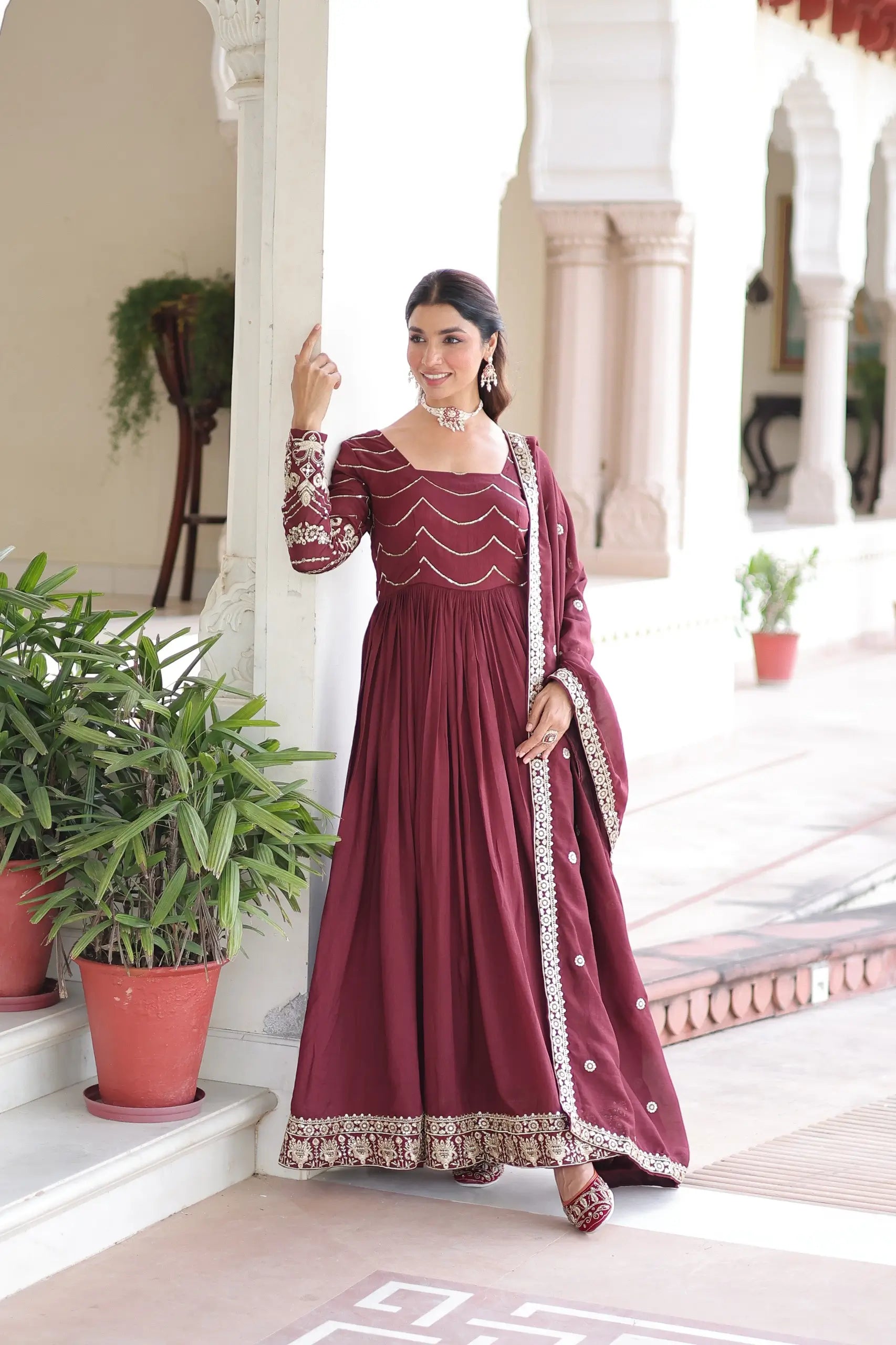Vichitra Silk Sequined Embroidered Gown Set