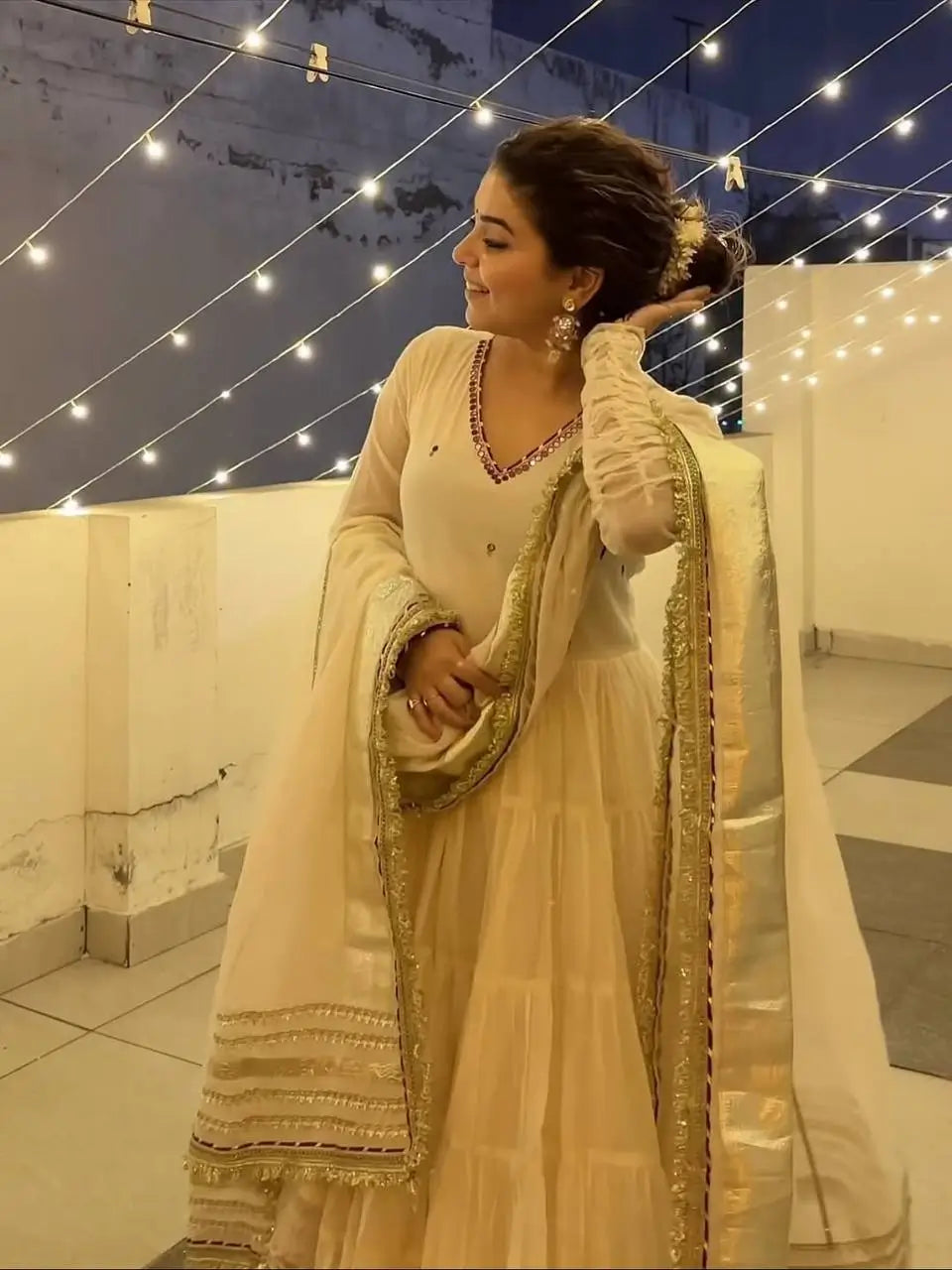 Vichitra Silk Sequins Flared Gown Set with Dupatta