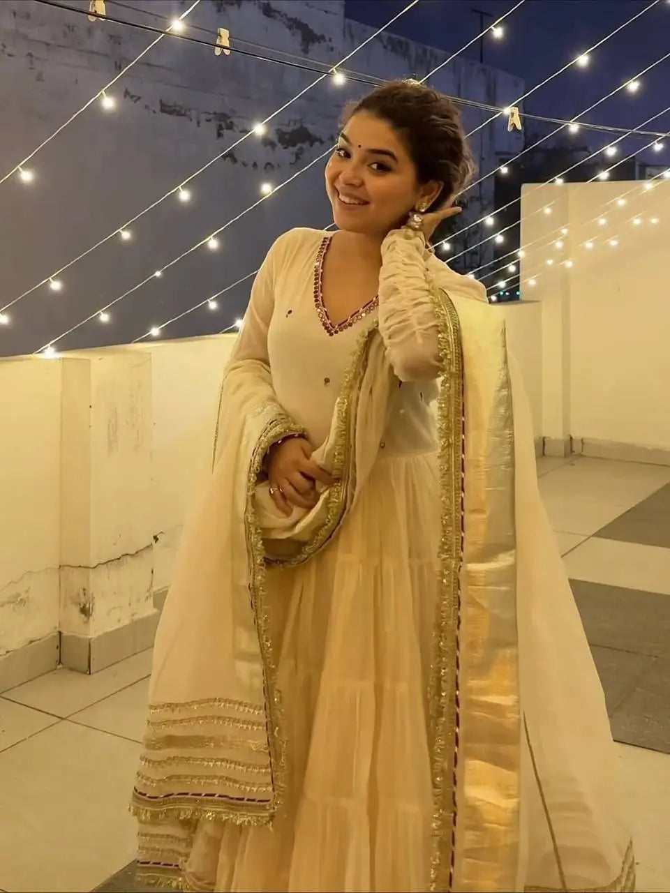 Vichitra Silk Sequins Flared Gown Set with Dupatta