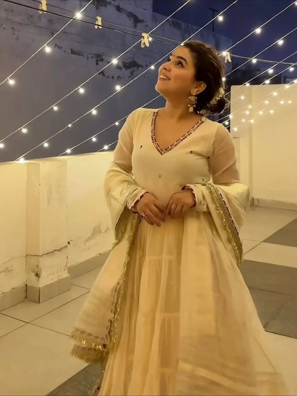 Vichitra Silk Sequins Flared Gown Set with Dupatta