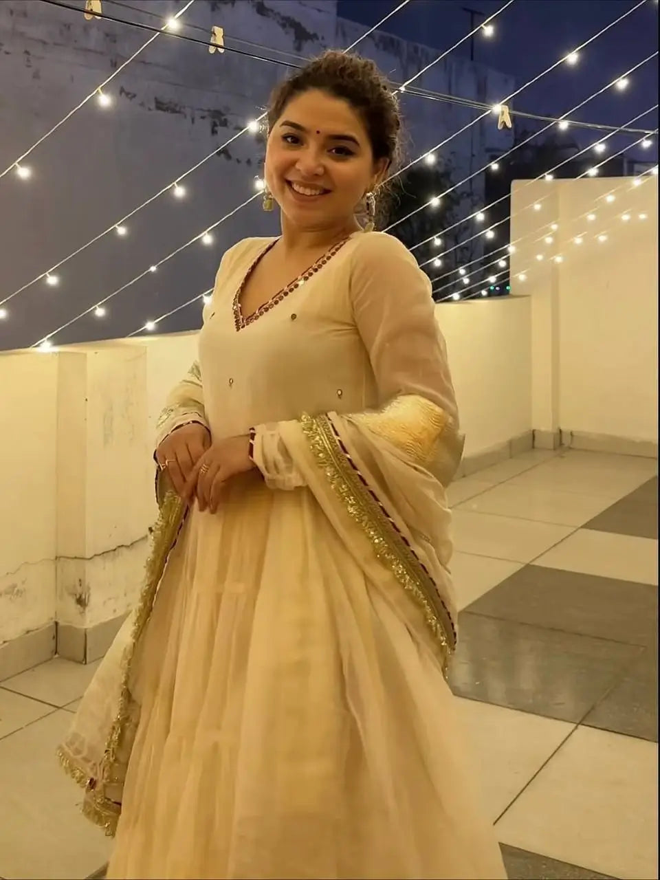 Vichitra Silk Sequins Flared Gown Set with Dupatta