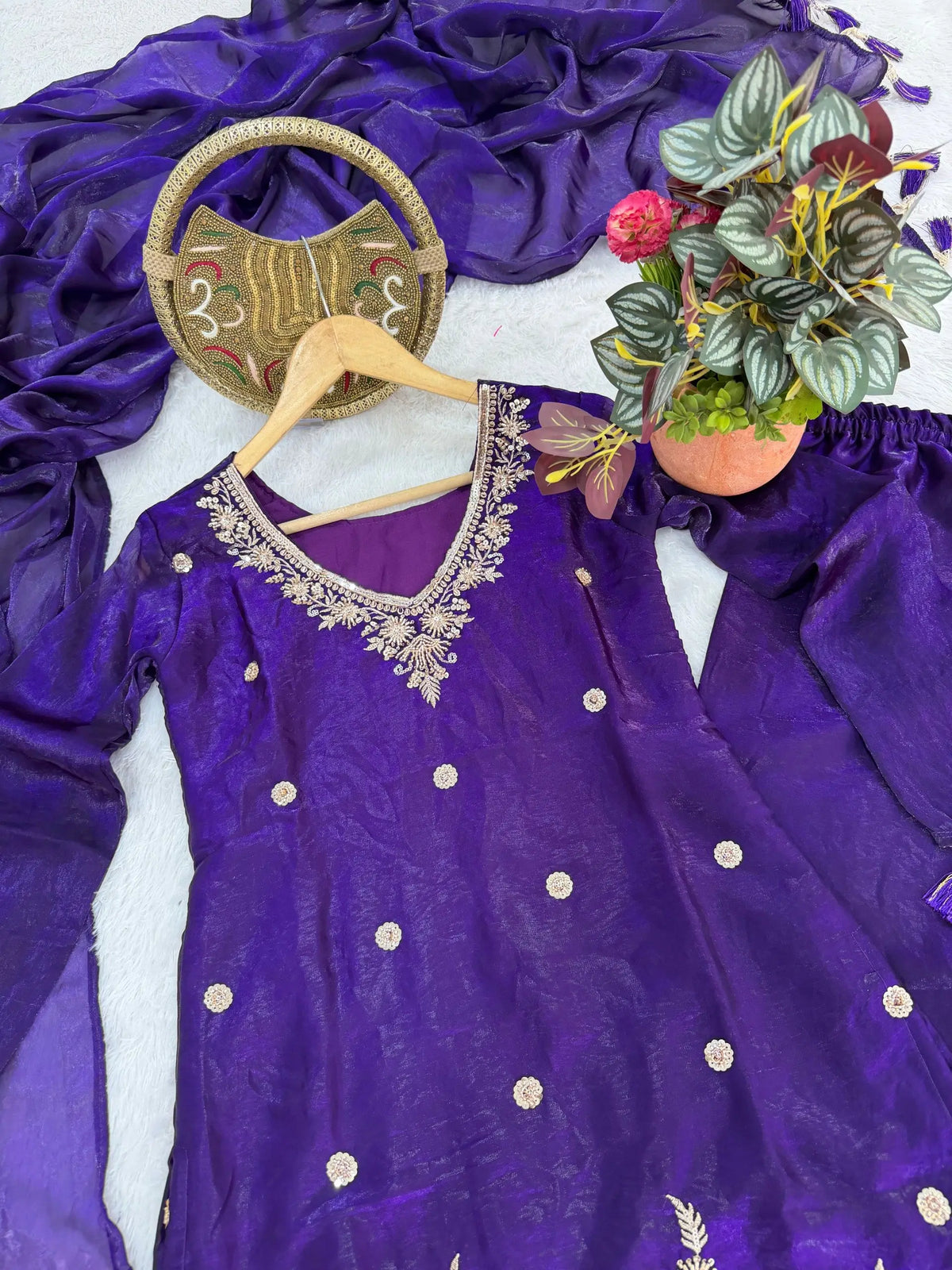 Violet Fendi Silk Embroidery Kurta Palazzo Set