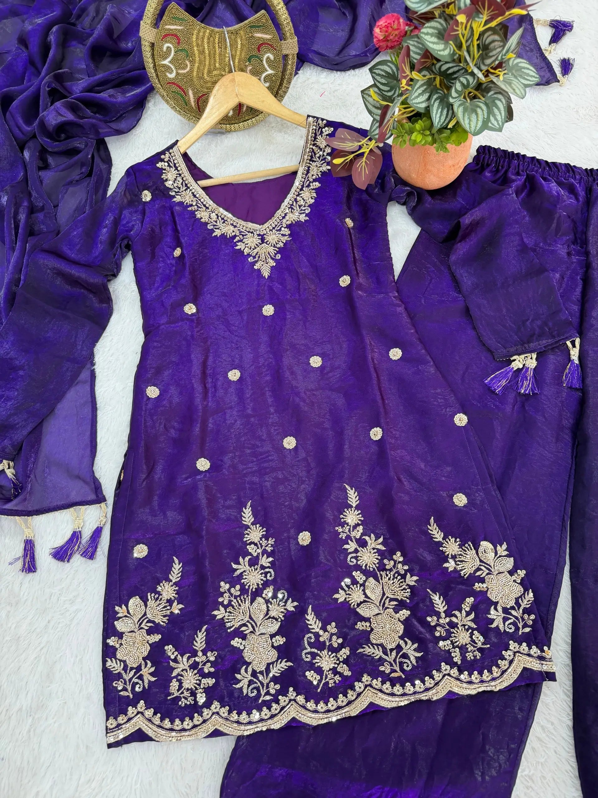 Violet Fendi Silk Embroidery Kurta Palazzo Set