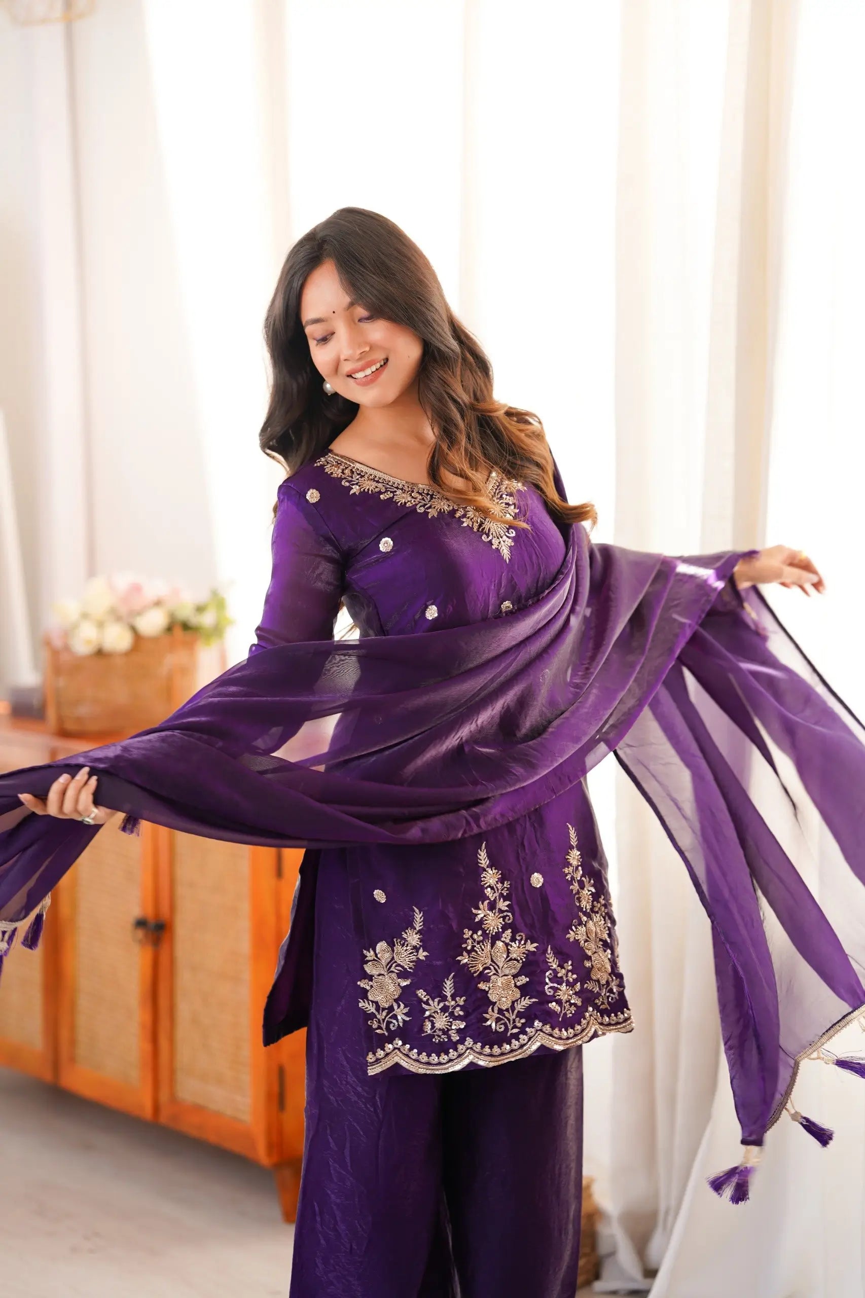 Violet Fendi Silk Embroidery Kurta Palazzo Set