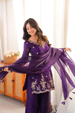 Violet Fendi Silk Embroidery Kurta Palazzo Set
