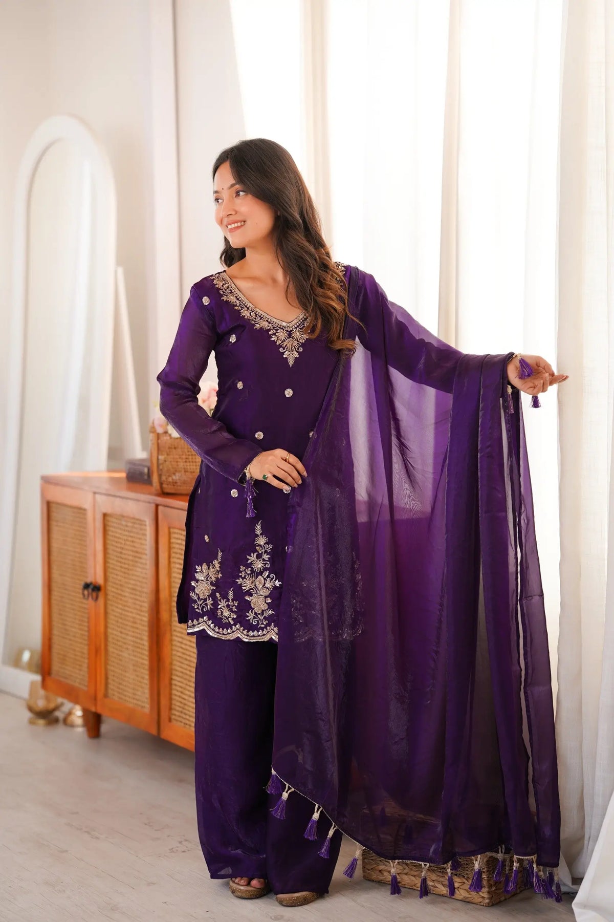 Violet Fendi Silk Embroidery Kurta Palazzo Set