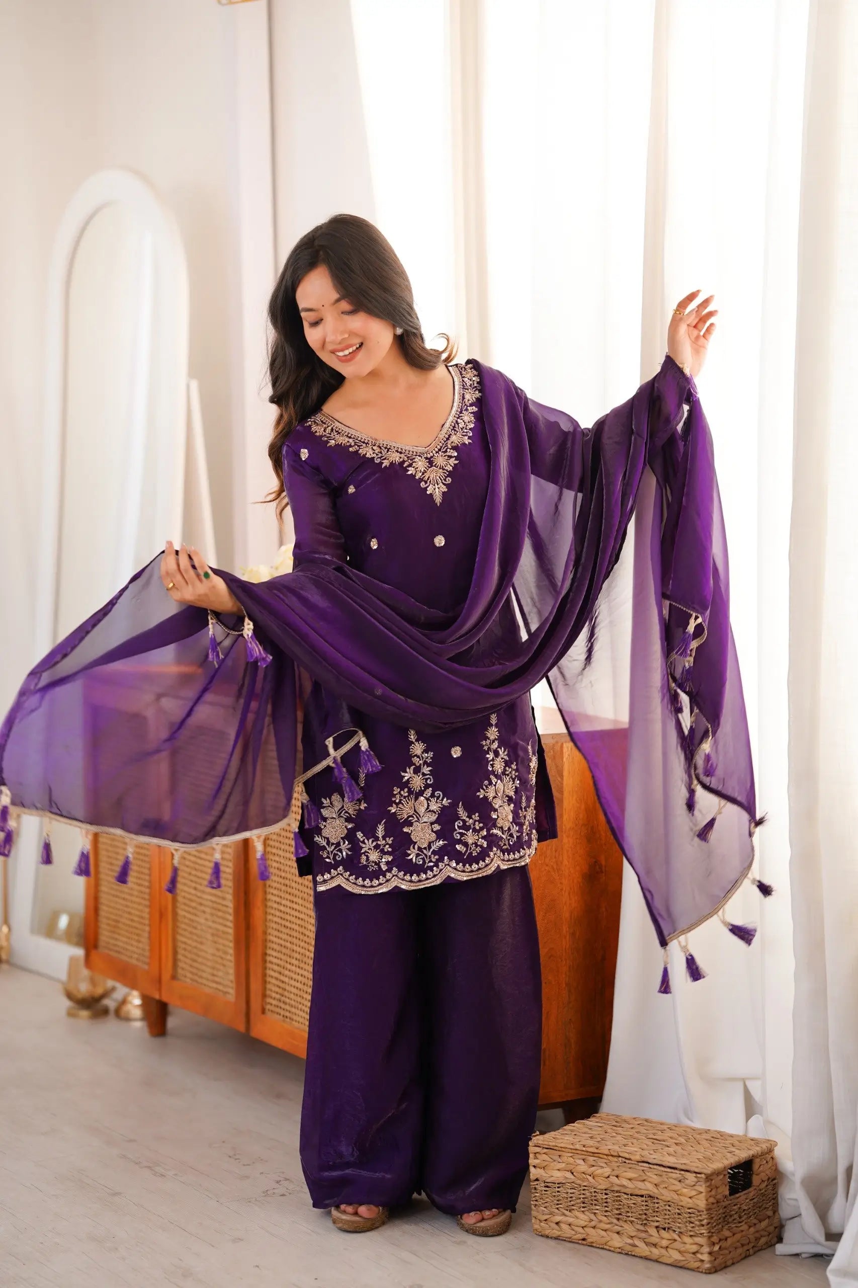 Violet Fendi Silk Embroidery Kurta Palazzo Set