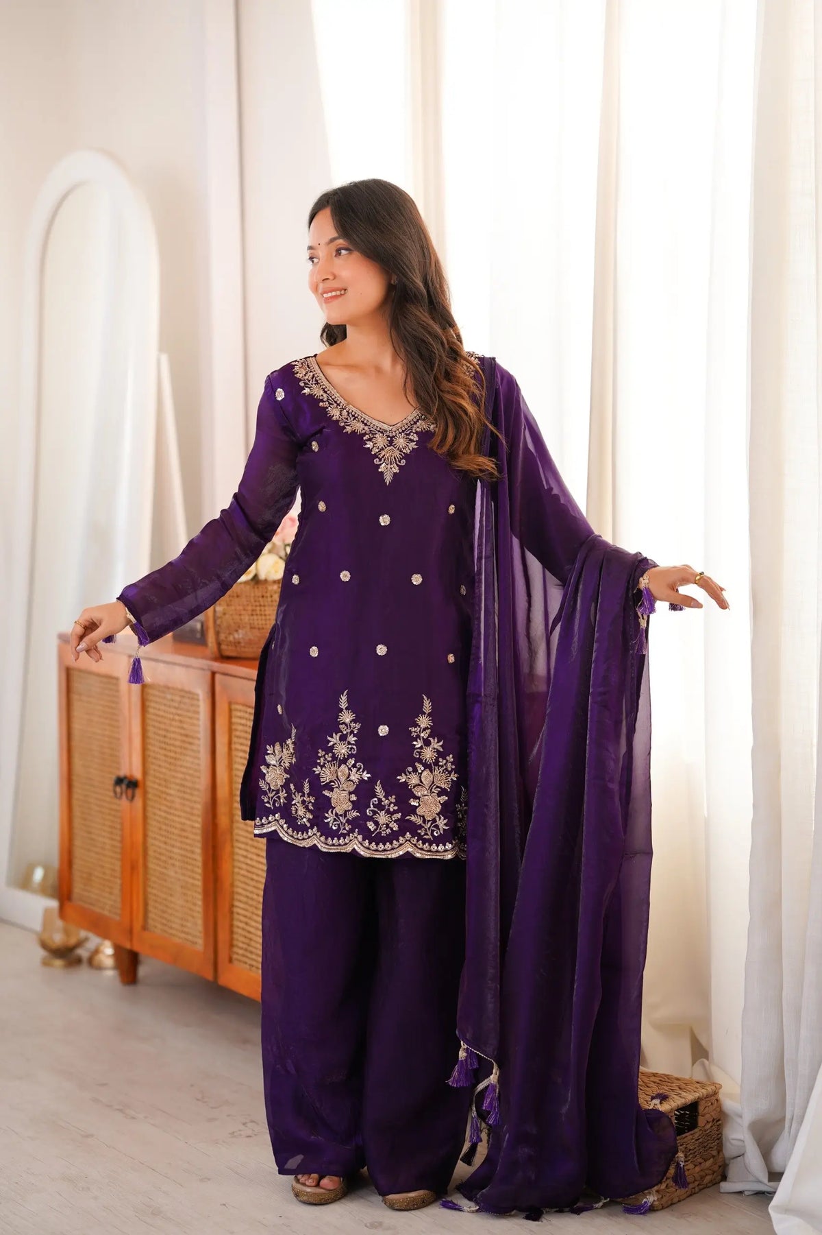 Violet Fendi Silk Embroidery Kurta Palazzo Set
