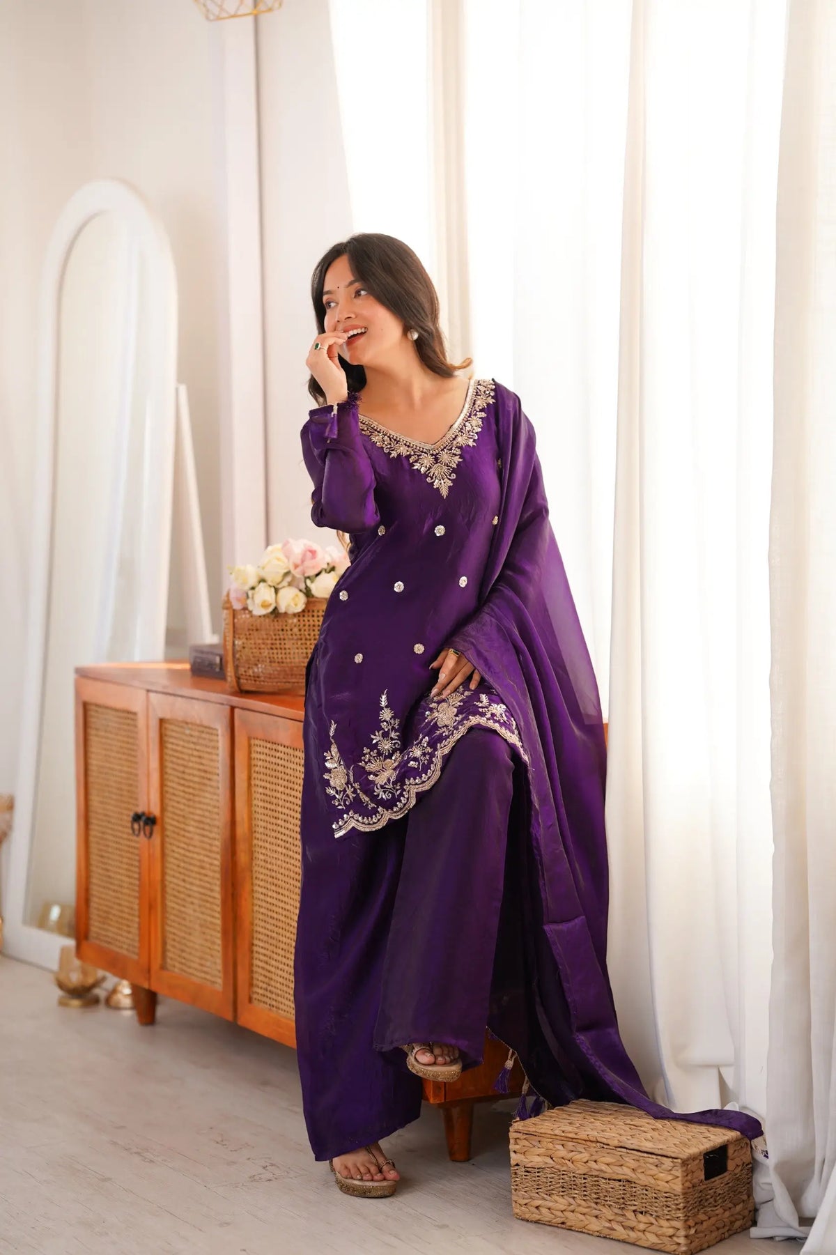Violet Fendi Silk Embroidery Kurta Palazzo Set