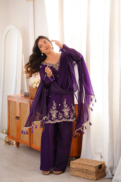 Violet Fendi Silk Embroidery Kurta Palazzo Set