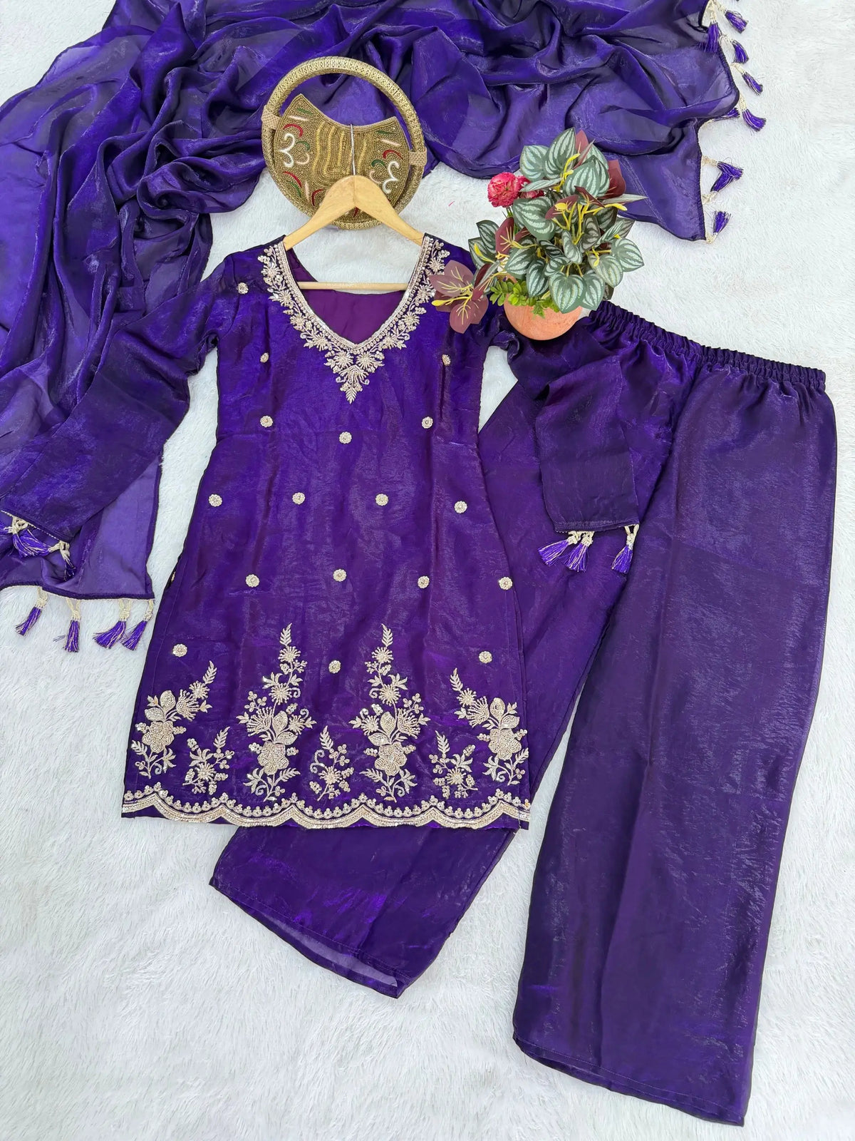 Violet Fendi Silk Embroidery Kurta Palazzo Set