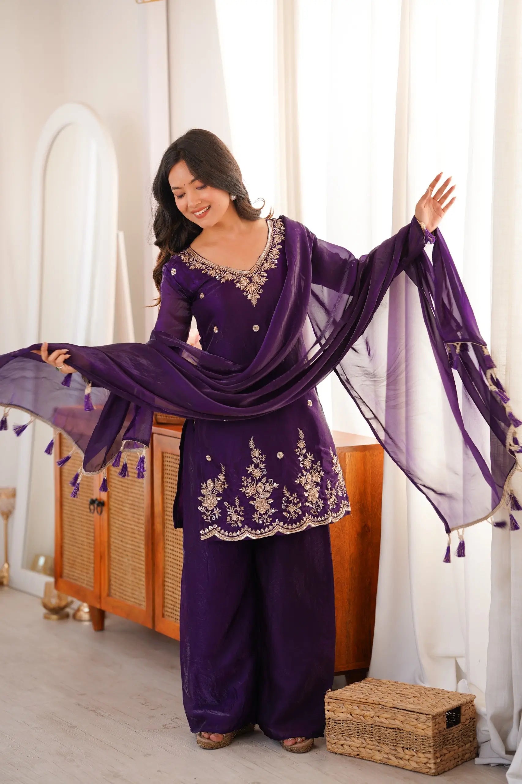 Violet Fendi Silk Embroidery Kurta Palazzo Set