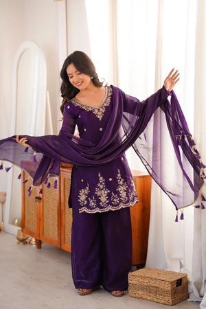 Violet Fendi Silk Embroidery Kurta Palazzo Set