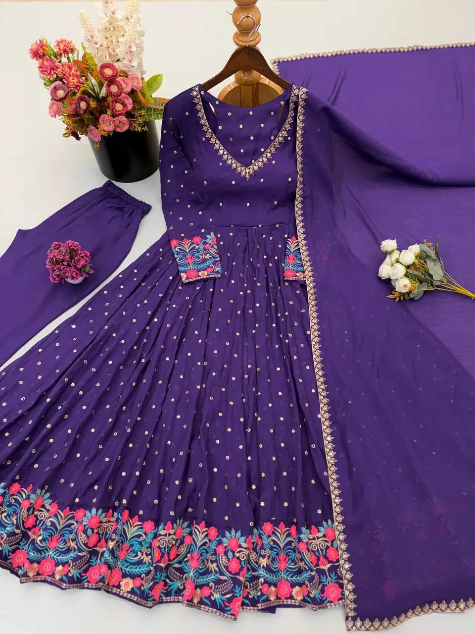 Violet Floral Cuff Anarkali Set