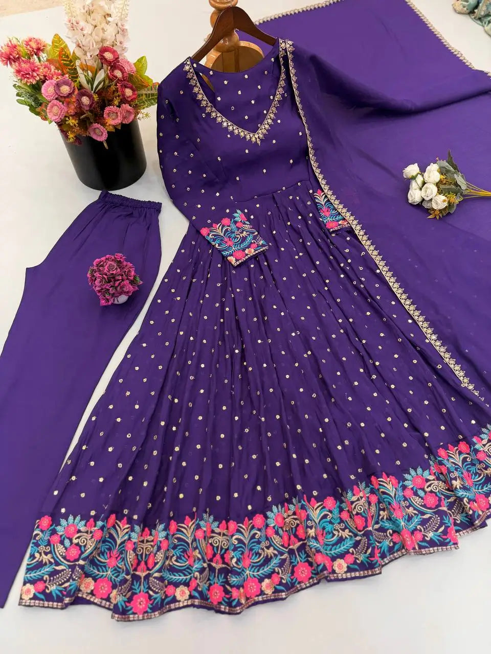 Violet Floral Cuff Anarkali Set