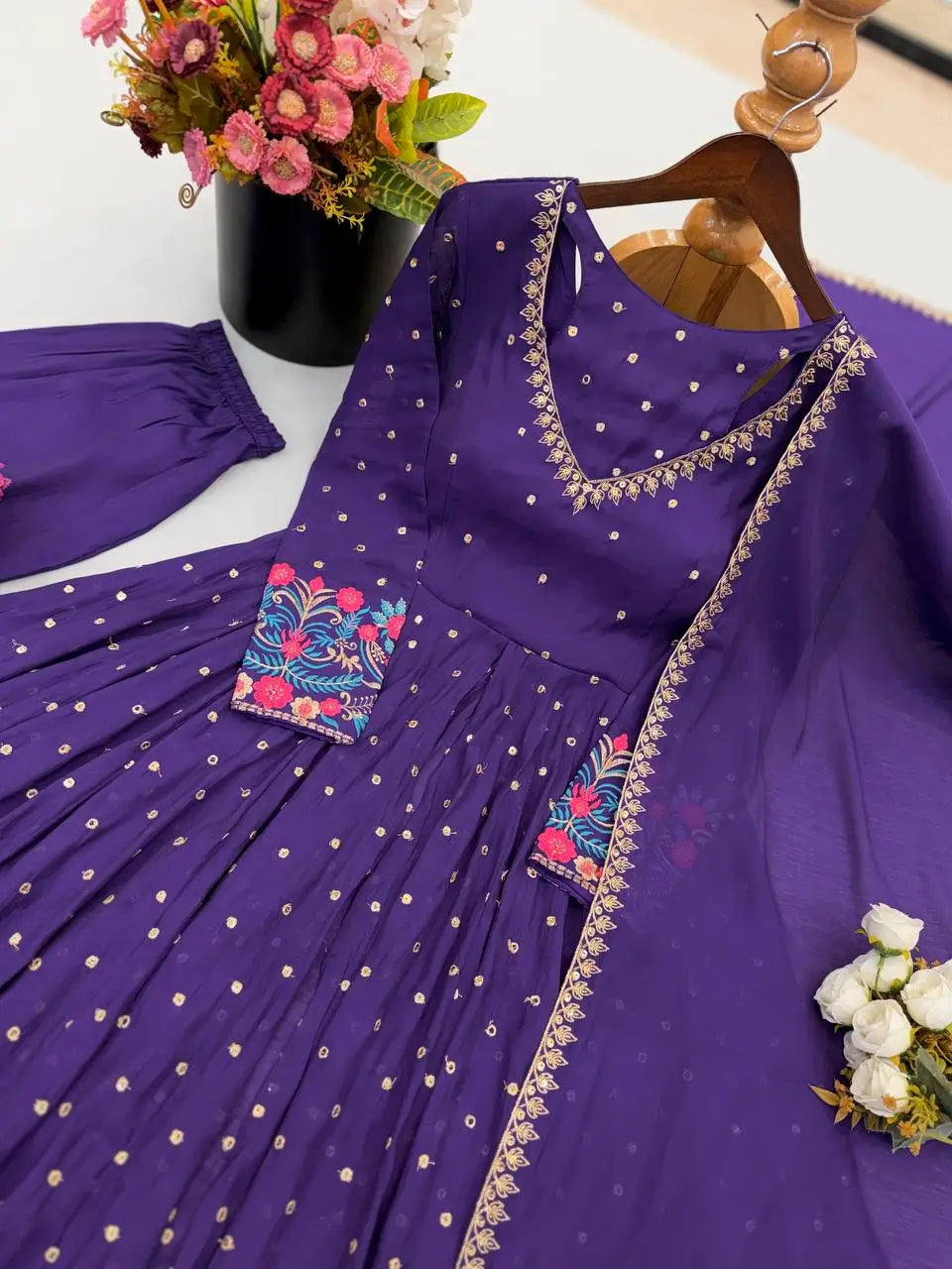 Violet Floral Cuff Anarkali Set