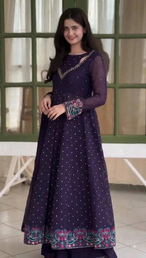 Violet Floral Cuff Anarkali Set