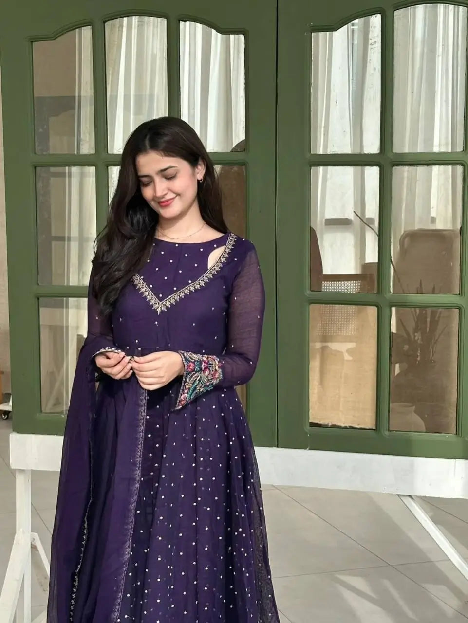 Violet Floral Cuff Anarkali Set