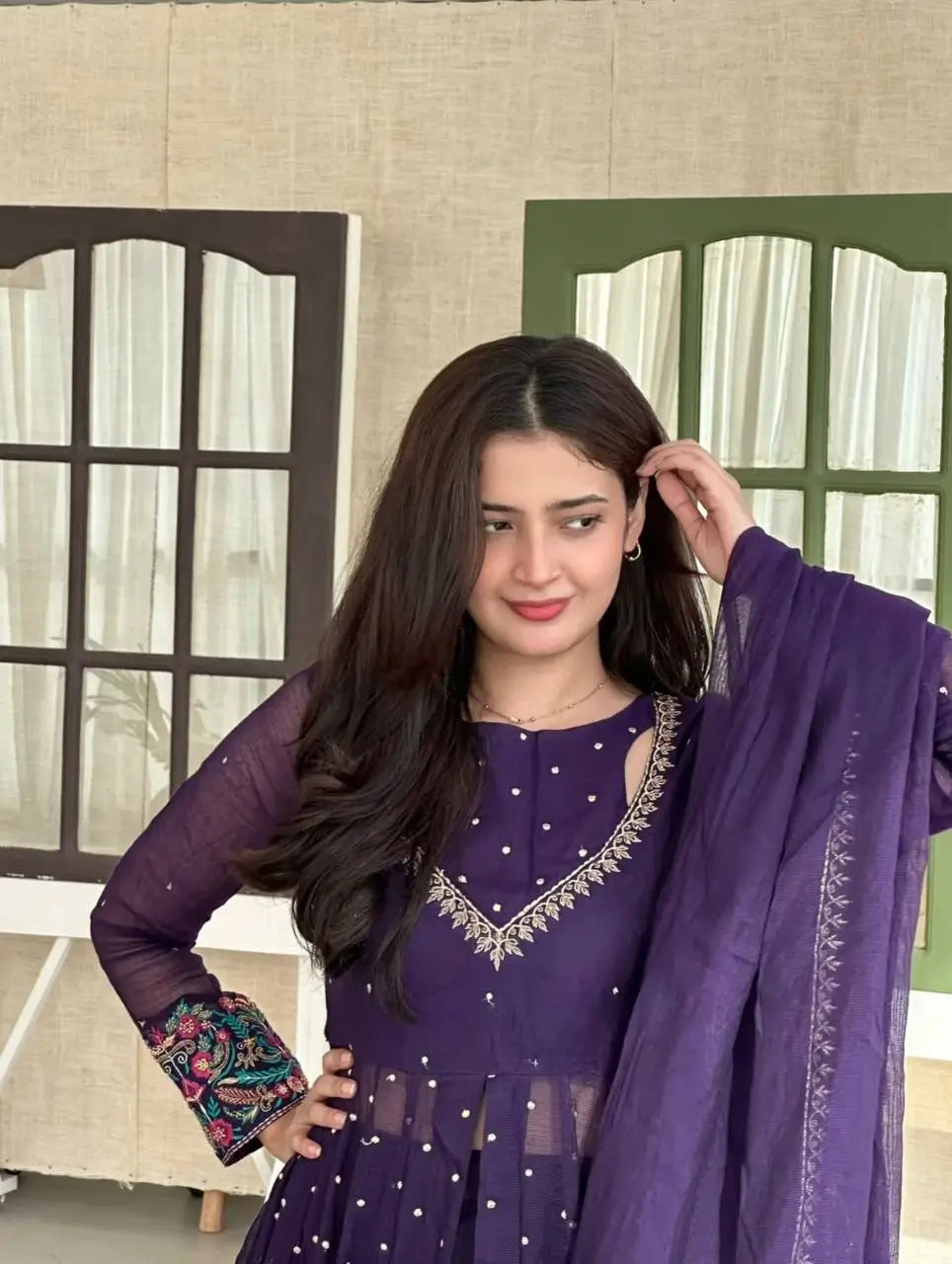 Violet Floral Cuff Anarkali Set