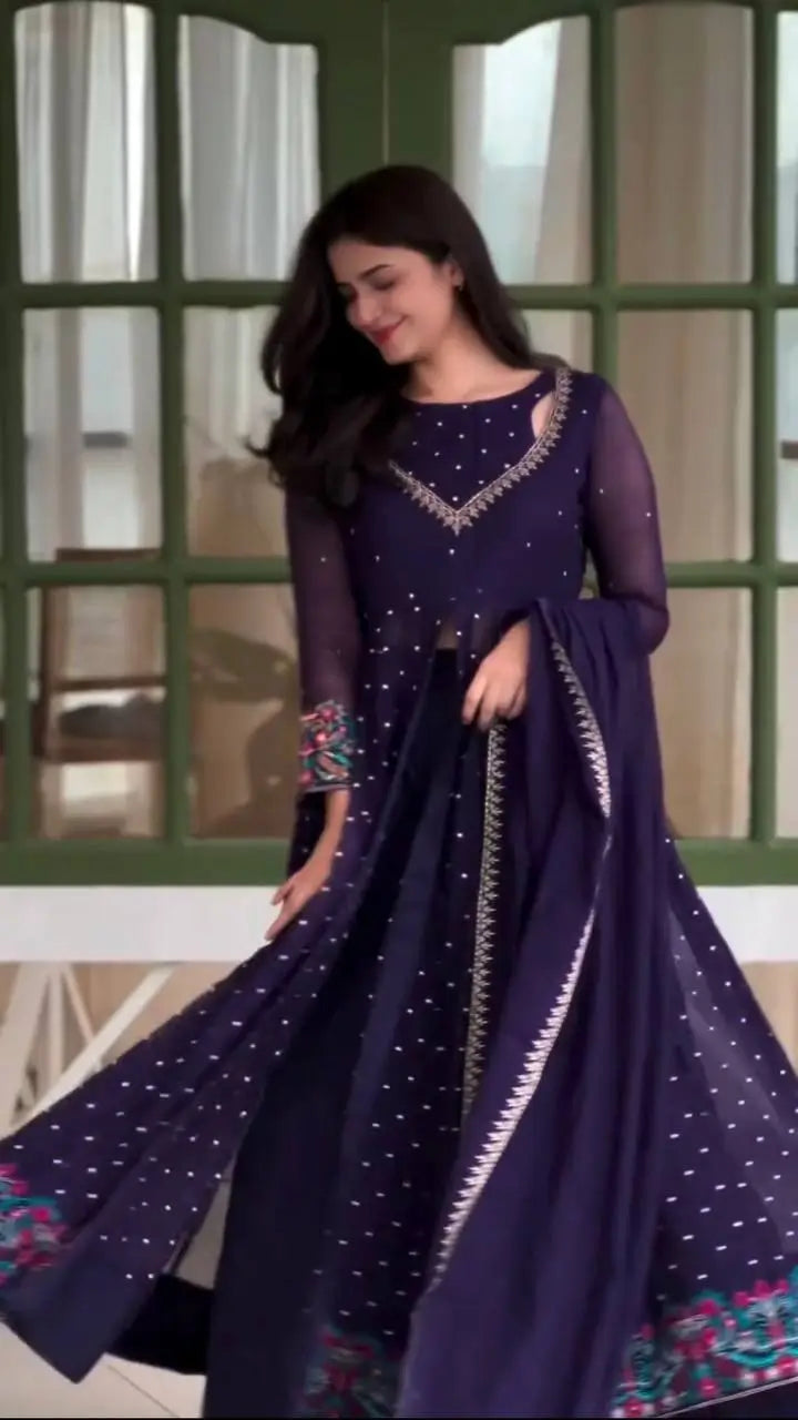 Violet Floral Cuff Anarkali Set