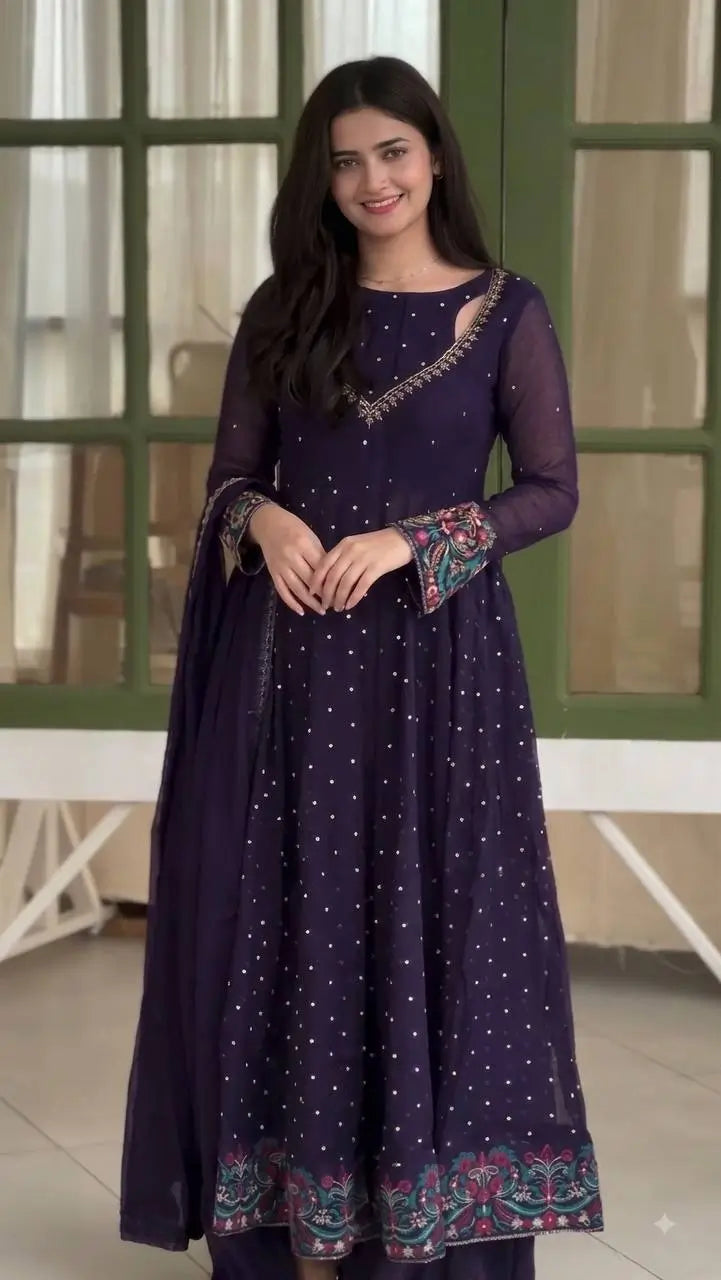 Violet Floral Cuff Anarkali Set