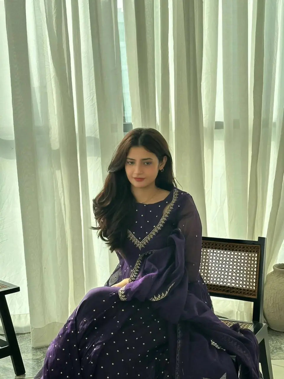 Violet Floral Cuff Anarkali Set