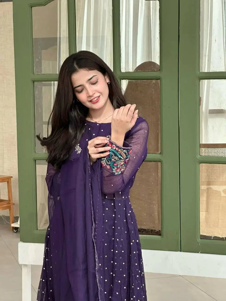 Violet Floral Cuff Anarkali Set