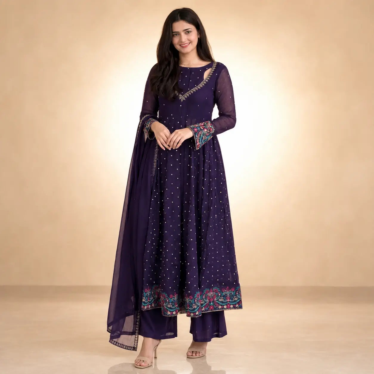 Violet Floral Cuff Anarkali Set