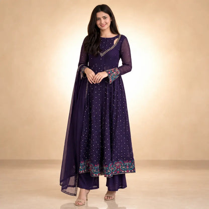 Violet Floral Cuff Anarkali Set