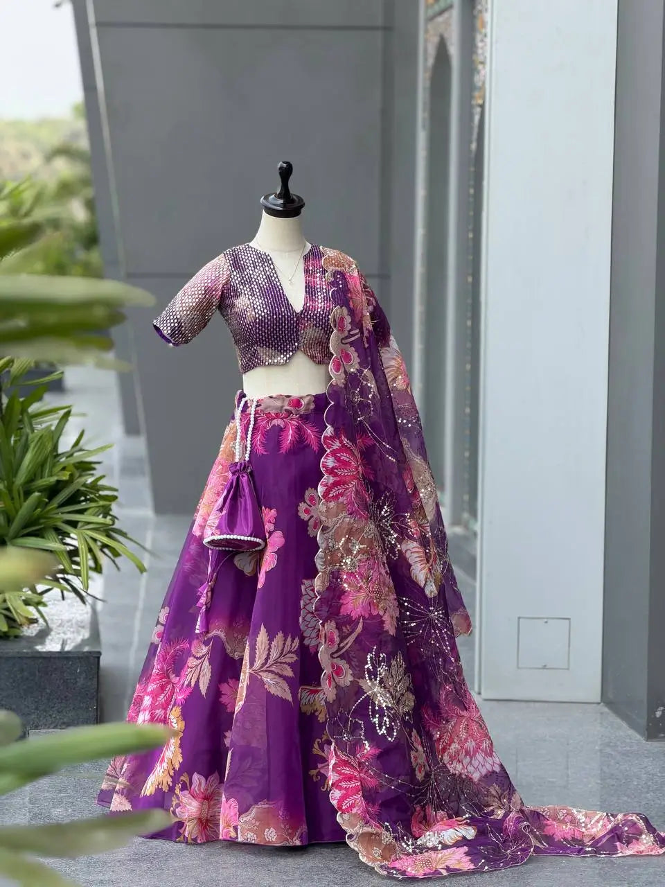 Violet Floral Organza Lehenga Set