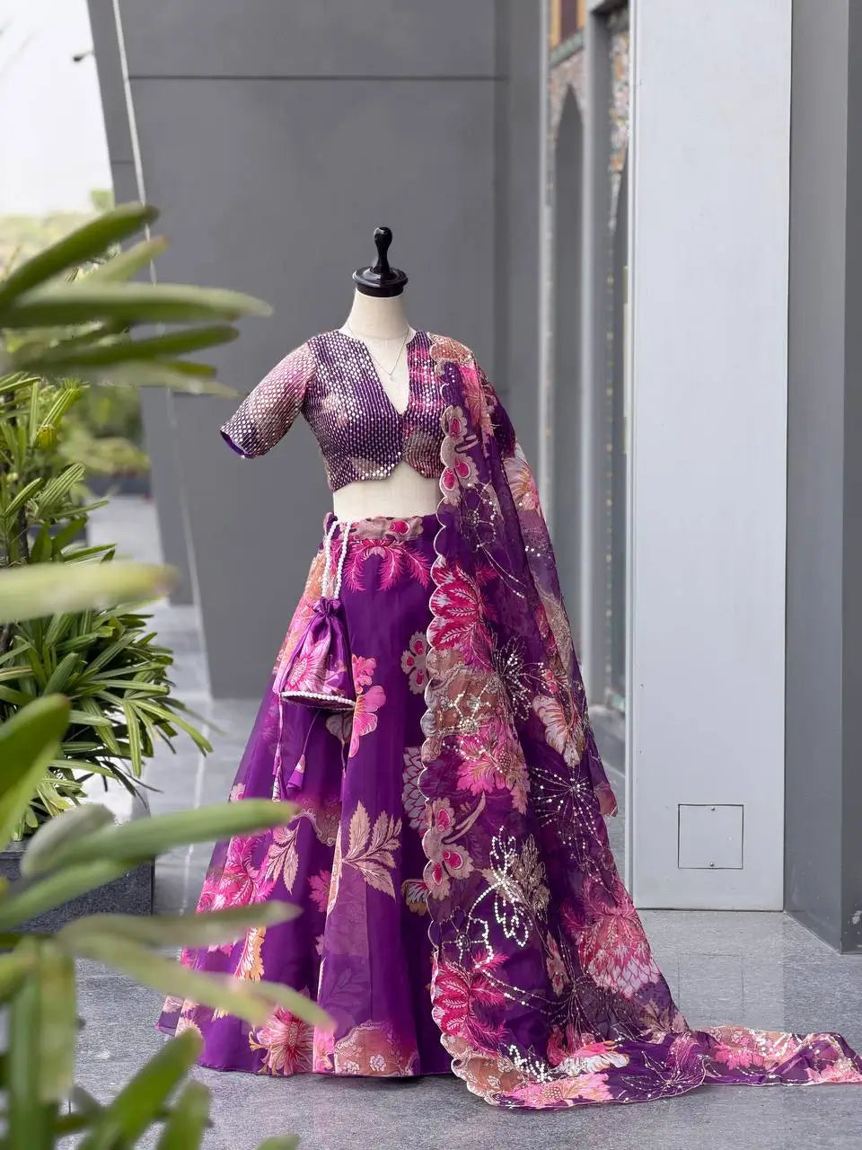 Violet Floral Organza Lehenga Set