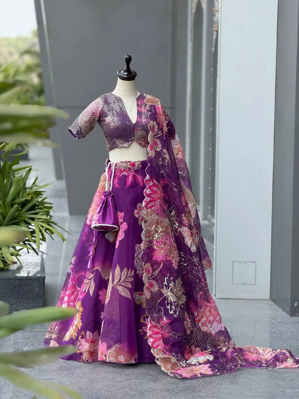 Violet Floral Organza Lehenga Set