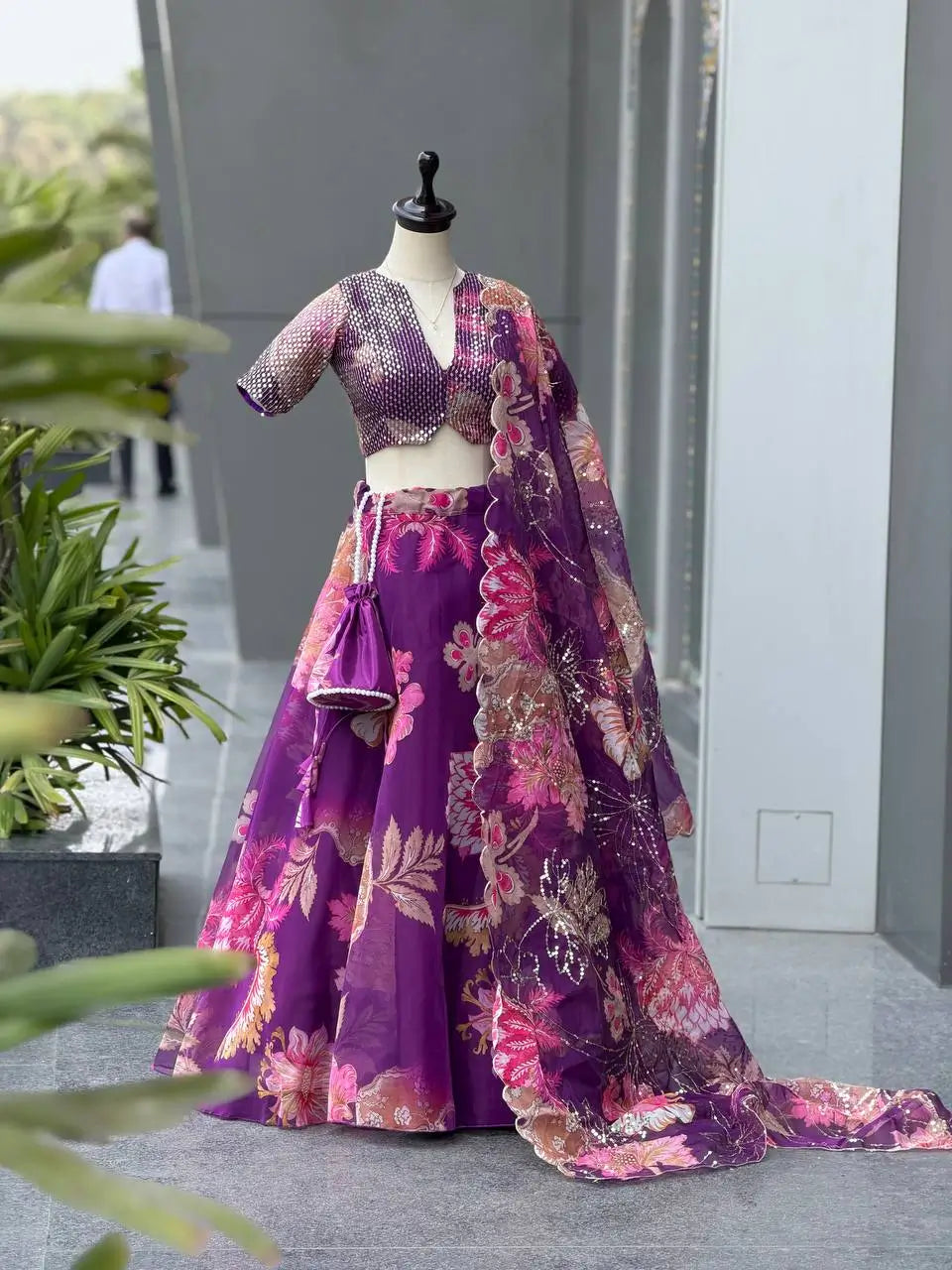 Violet Floral Organza Lehenga Set