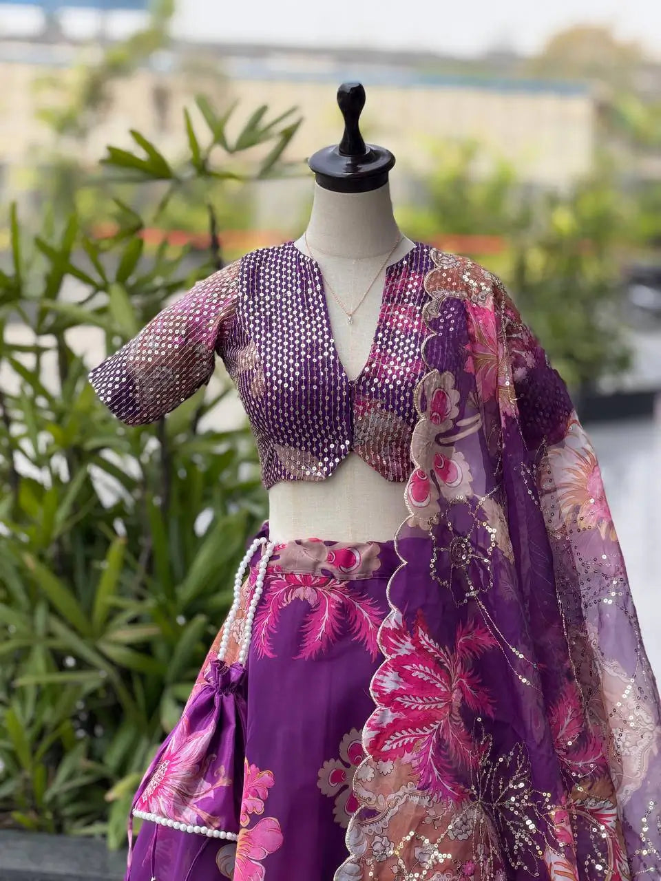 Violet Floral Organza Lehenga Set