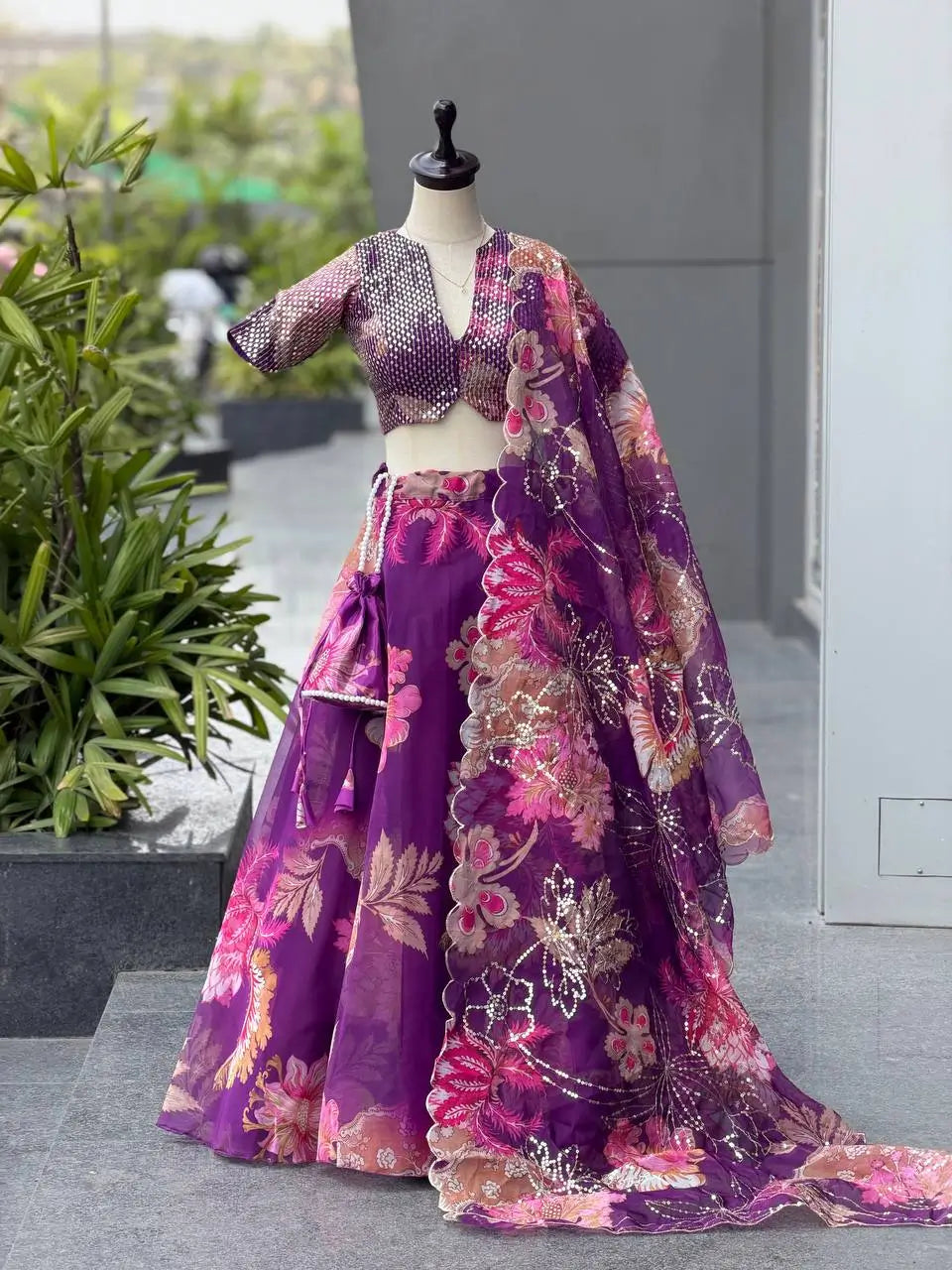 Violet Floral Organza Lehenga Set