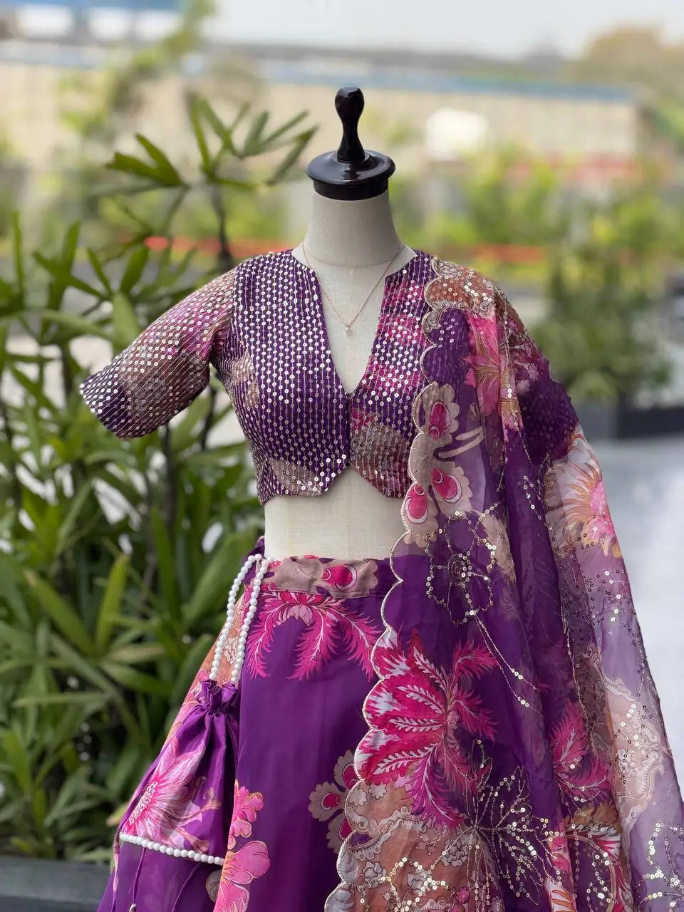 Violet Floral Organza Lehenga Set