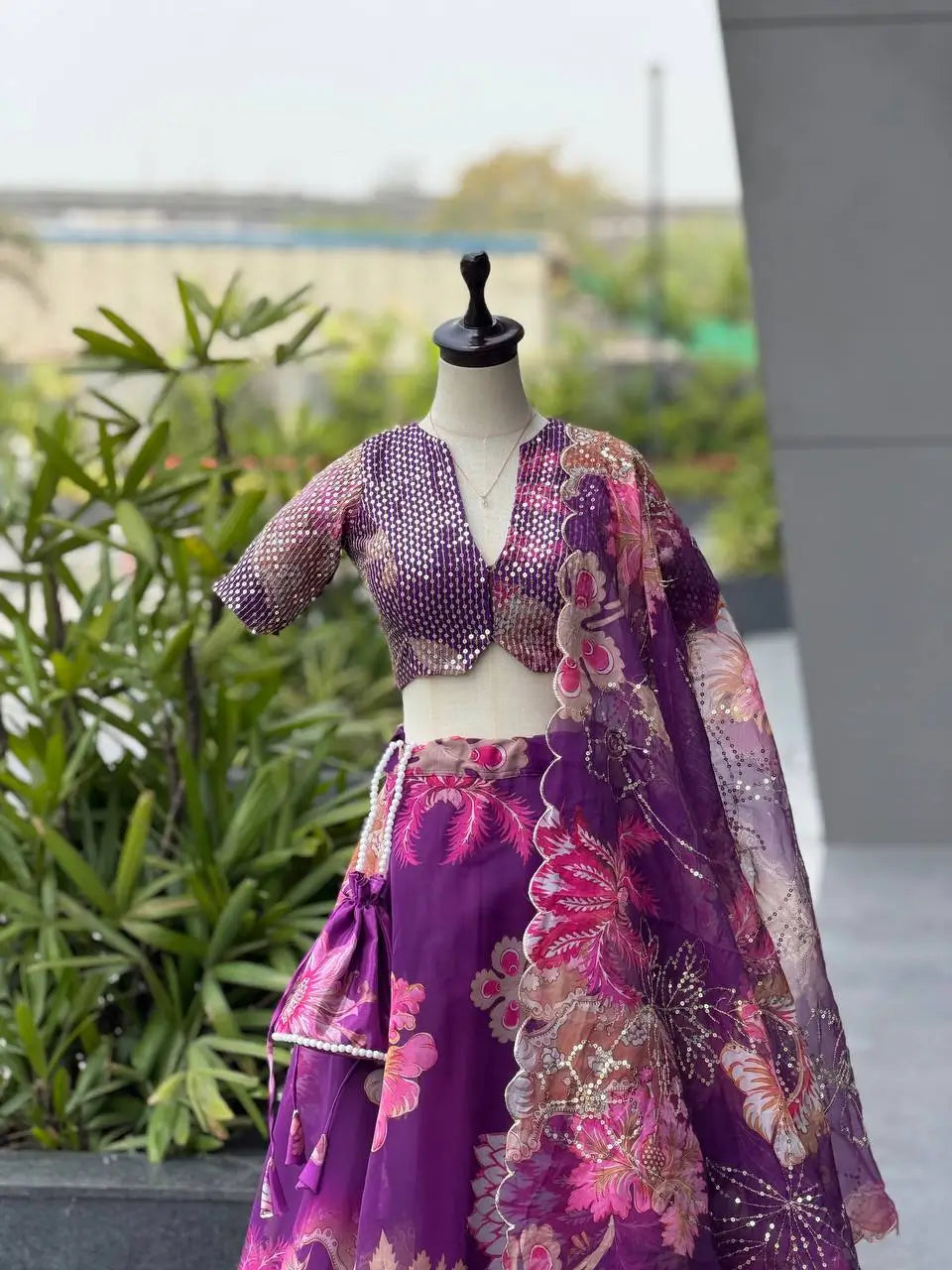 Violet Floral Organza Lehenga Set